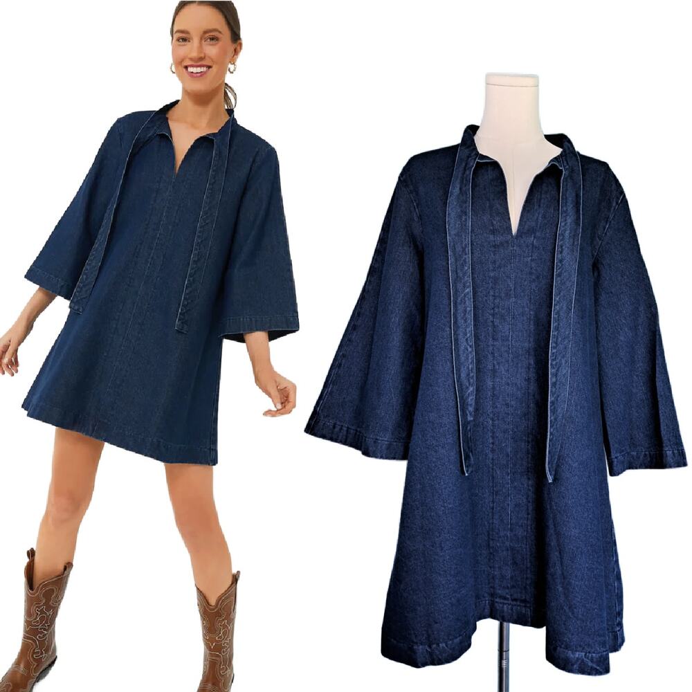 TUCKERNUCK Pomander Place Denim Marsella Mini Dress Medium Tie Neck Bell Sleeve